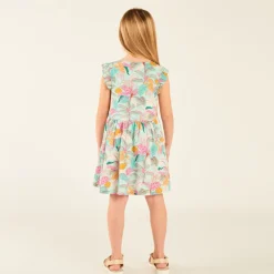 Tropische print meisjes jurk met volantmouwen.