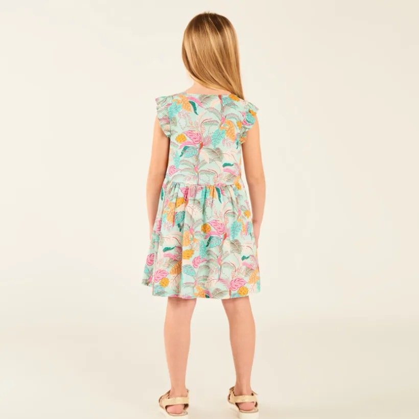 Tropische print meisjes jurk met volantmouwen.