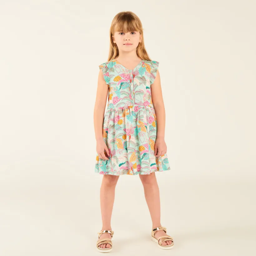 Tropische print meisjes jurk met volantmouwen.