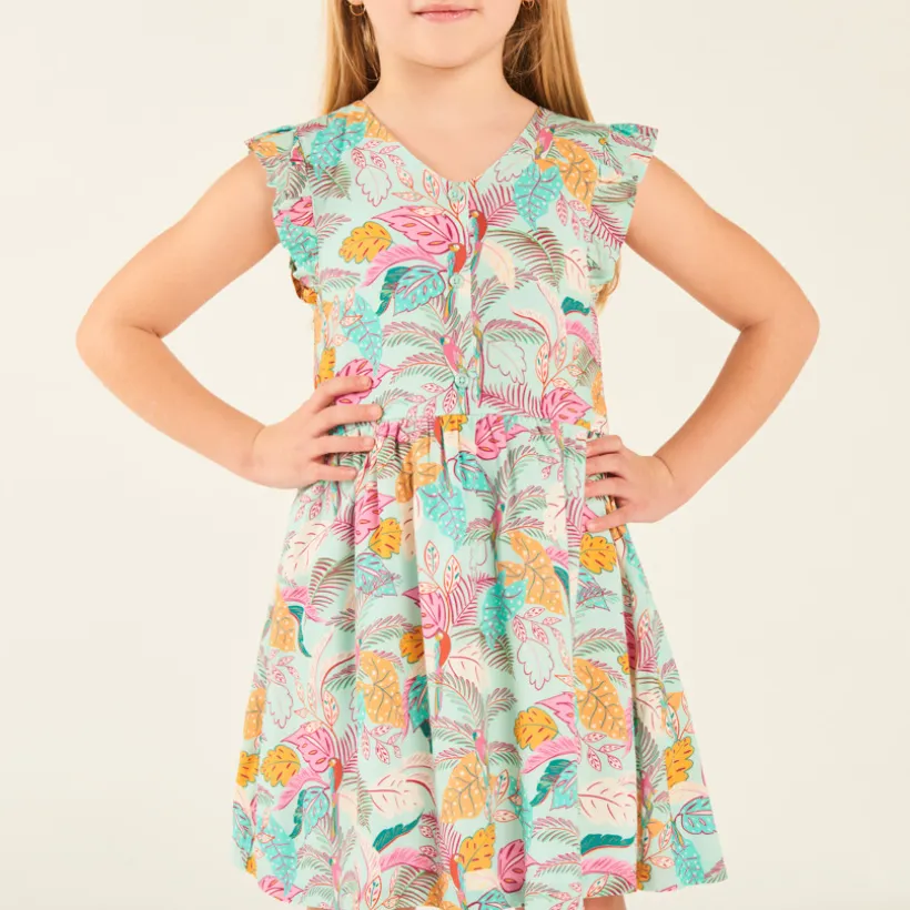 Tropische print meisjes jurk met volantmouwen.
