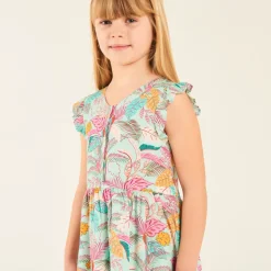 Tropische print meisjes jurk met volantmouwen.