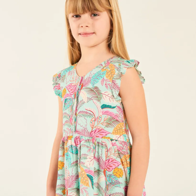 Tropische print meisjes jurk met volantmouwen.