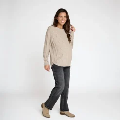 Trui met lange mouwen in fantasie kabelgebreid, effen beige