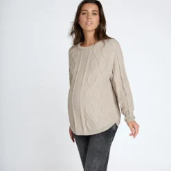 Trui met lange mouwen in fantasie kabelgebreid, effen beige