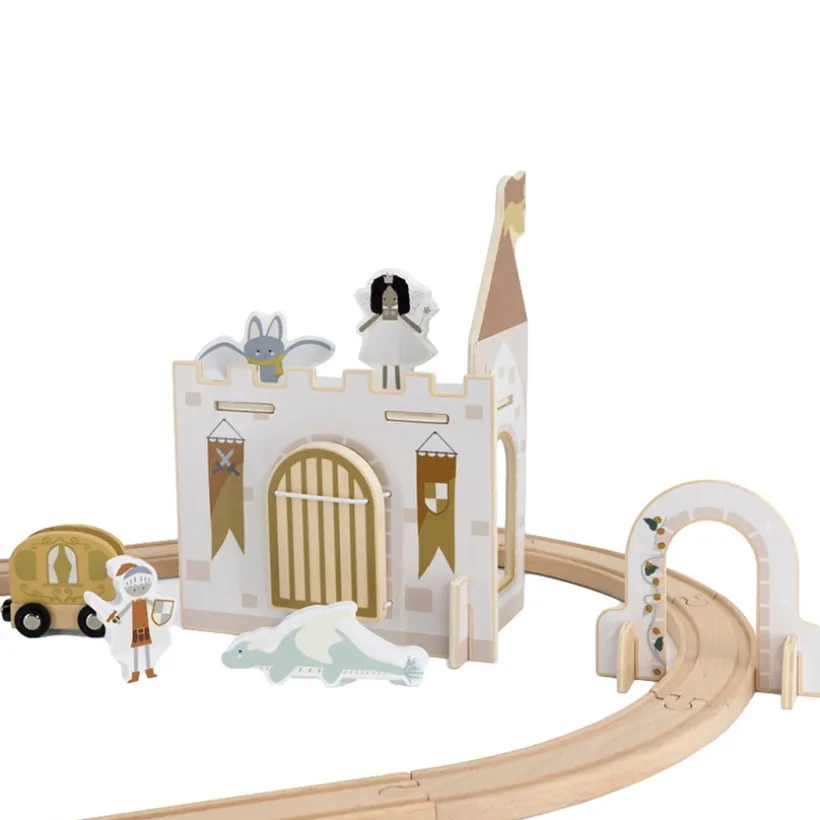 Tryco uitbreidingsset houten trein kasteel 11-delig met magnetische koetswagen en fantasiethema