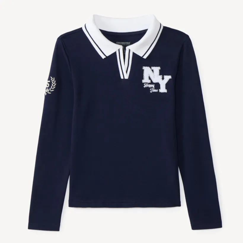 T-shirt meisjes met lange mouwen in polo stijl, met "NY" patch.