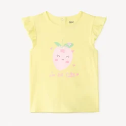 T-shirt met korte gerimpelde mouwen, aardbeienprint met reliëf bloemen voor babymeisjes.