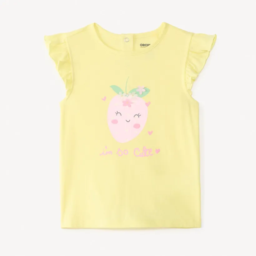 T-shirt met korte gerimpelde mouwen, aardbeienprint met reliëf bloemen voor babymeisjes.