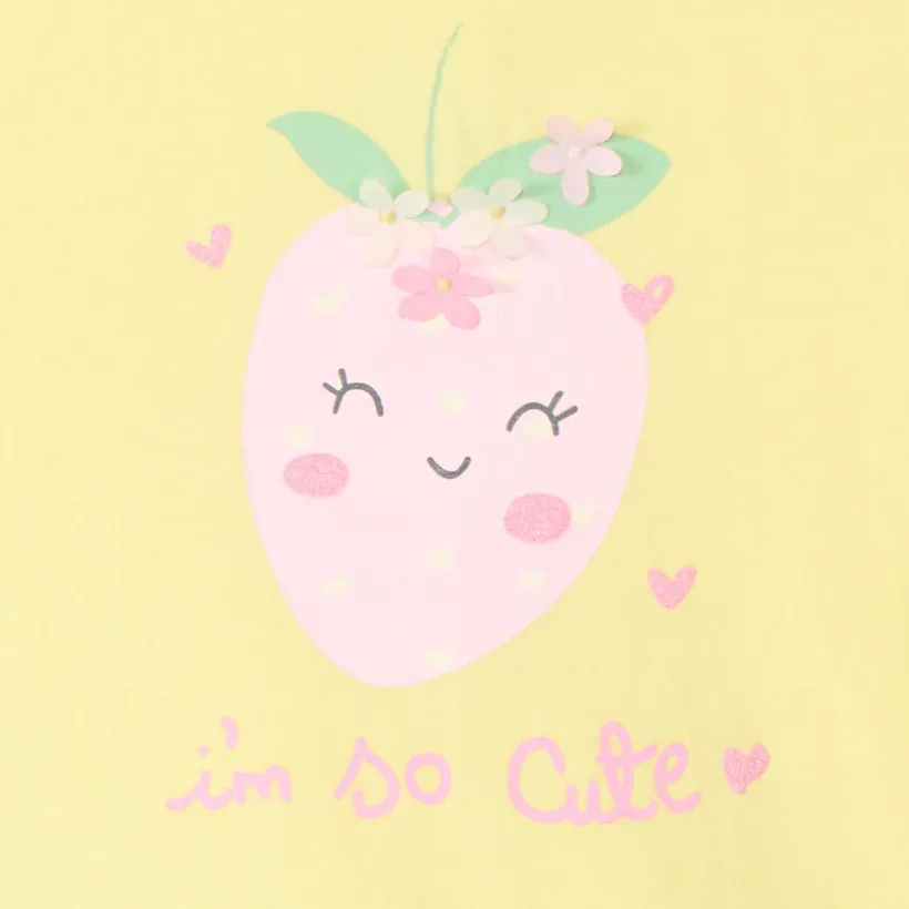 T-shirt met korte gerimpelde mouwen, aardbeienprint met reliëf bloemen voor babymeisjes.