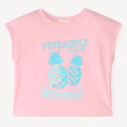 T-shirt met korte mouwen, ananasprint met borduursels en pailletten meisjes
