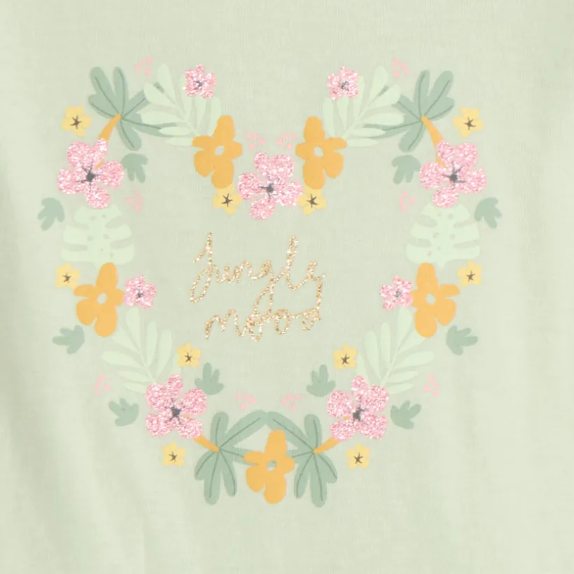 T-shirt met korte mouwen en fantasiedruk met glitters voor meisjesbaby's.