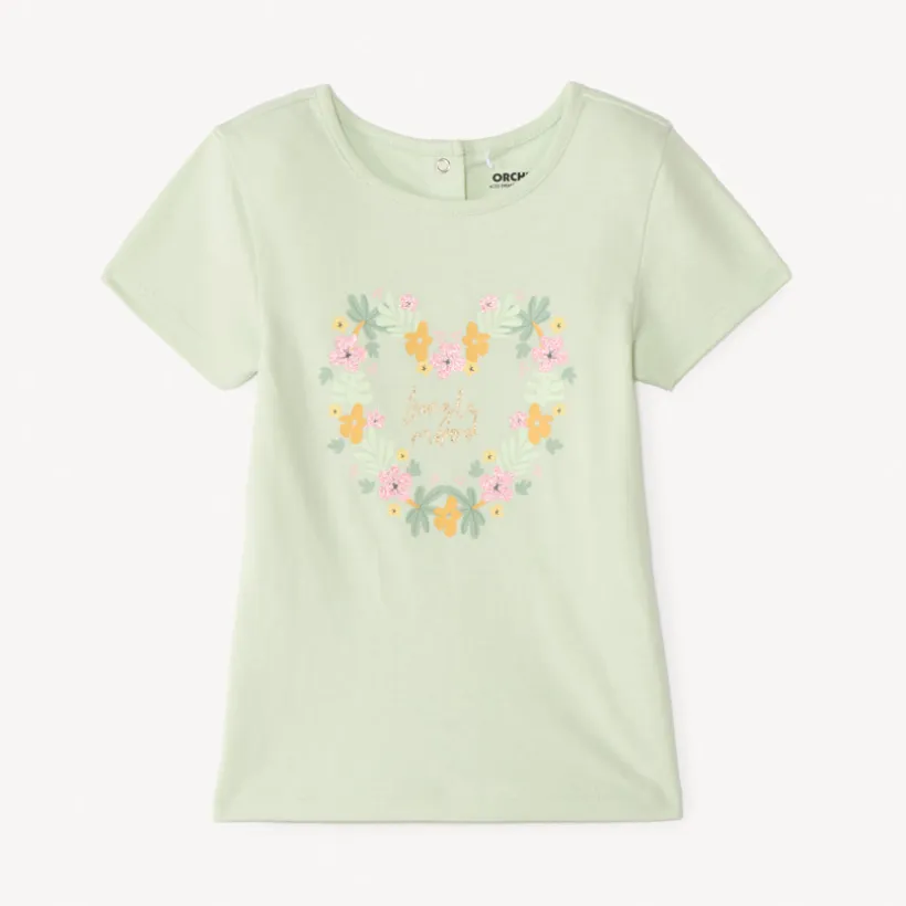 T-shirt met korte mouwen en fantasiedruk met glitters voor meisjesbaby's.