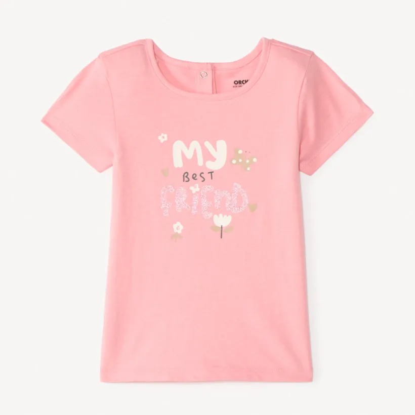 T-shirt met korte mouwen en fantasiedruk met glitters voor meisjesbaby's.