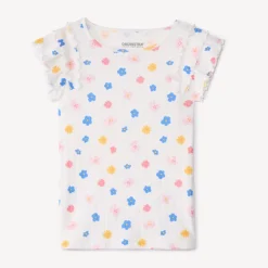T-shirt met korte mouwen in geribbelde pointelle, met bloemenprint, meisjes