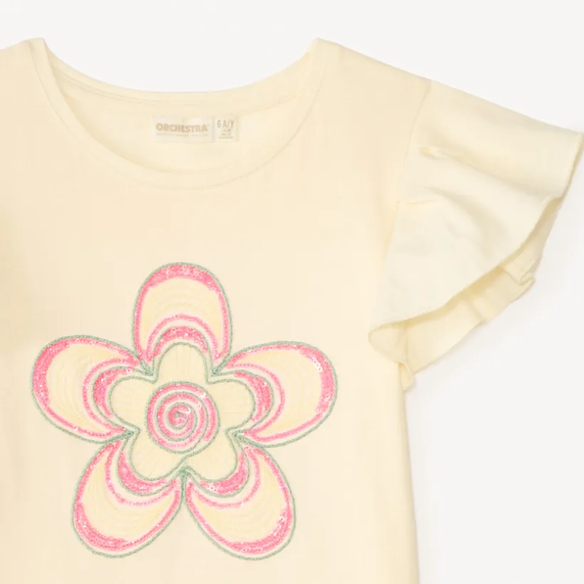 T-shirt met korte mouwen met bloemen in cord en pailletten meisjes