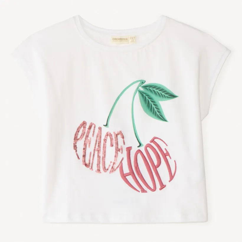 T-shirt met korte mouwen met gestikt en sequins kersmotief voor meisje
