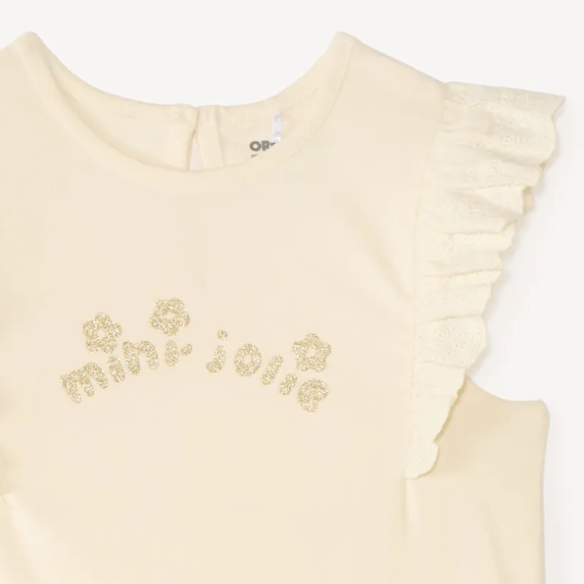 T-shirt met korte mouwen met ruches en glinsterende fantasiedruk voor babymeisjes