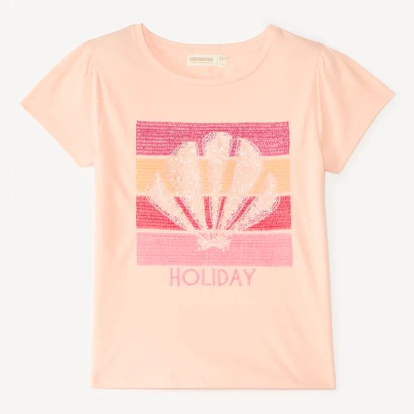 T-shirt met korte mouwen met sequins borduursel van schelp meisjes