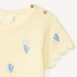 T-shirt met korte mouwen van breiwerk met bloemenborduursels voor babymeisjes