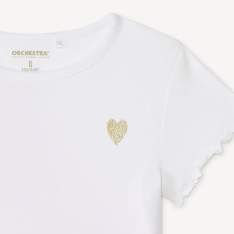 T-shirt met korte mouwen van effen ribstructuur met geborduurd hart meisjes