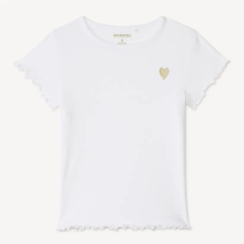 T-shirt met korte mouwen van effen ribstructuur met geborduurd hart meisjes