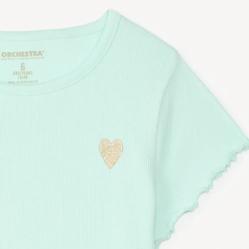 T-shirt met korte mouwen van effen ribstructuur met geborduurd hart meisjes