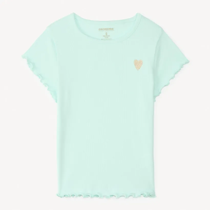 T-shirt met korte mouwen van effen ribstructuur met geborduurd hart meisjes