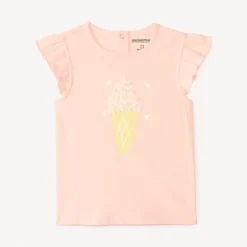 T-shirt met korte mouwen, volantprint met ijs en reliëf bloemen voor babymeisjes.