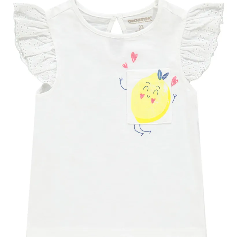 T-shirt met korte ruches mouwen en bedrukte zak