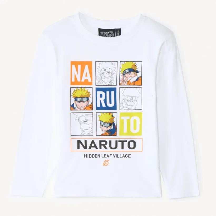 T-shirt met lange mouwen, effen wit, met grote Naruto-print jongens