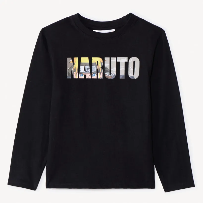 T-shirt met lange mouwen, effen zwart, met Naruto-print jongens