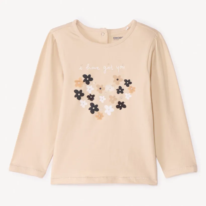 T-shirt met lange mouwen in effen jersey met fantasieprint meisjes