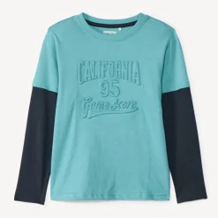 T-shirt met lange mouwen in effen jersey met fantasieborduursels jongens