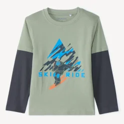 T-shirt met lange mouwen 2-in-1 effect met ski-print jongens