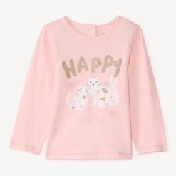 T-shirt met lange mouwen in effen jersey met fantasieprint meisjes