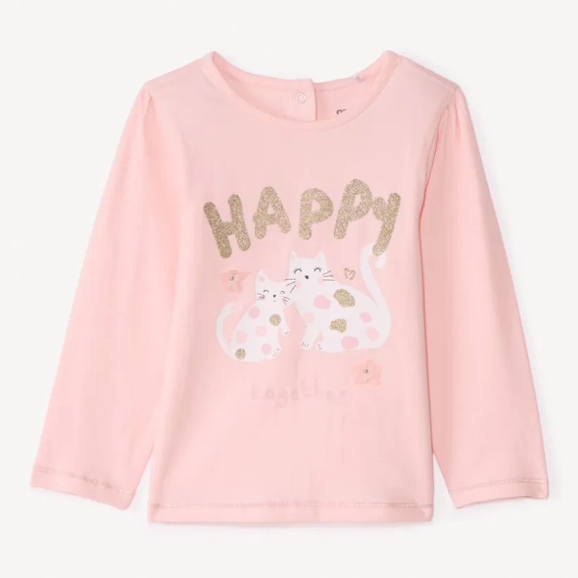 T-shirt met lange mouwen in effen jersey met fantasieprint meisjes