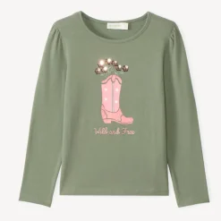 T-shirt met lange mouwen, print en glitterprint santiags met pailletten en fantasieborduursels meisjes