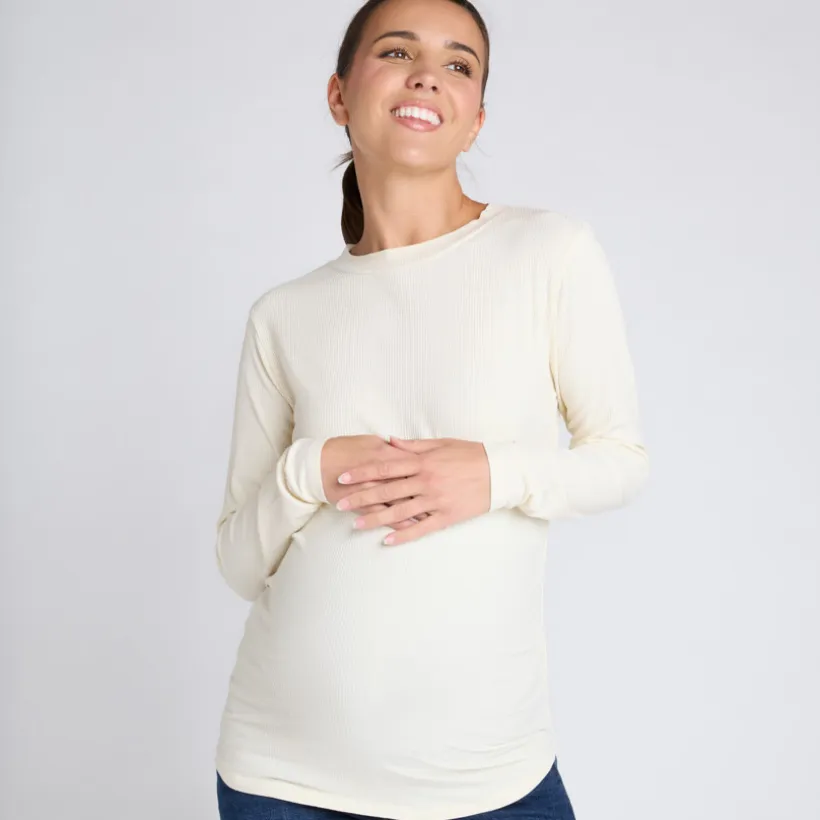 T-shirt met lange mouwen voor zwangerschap in geribbelde stof, effen kleur
