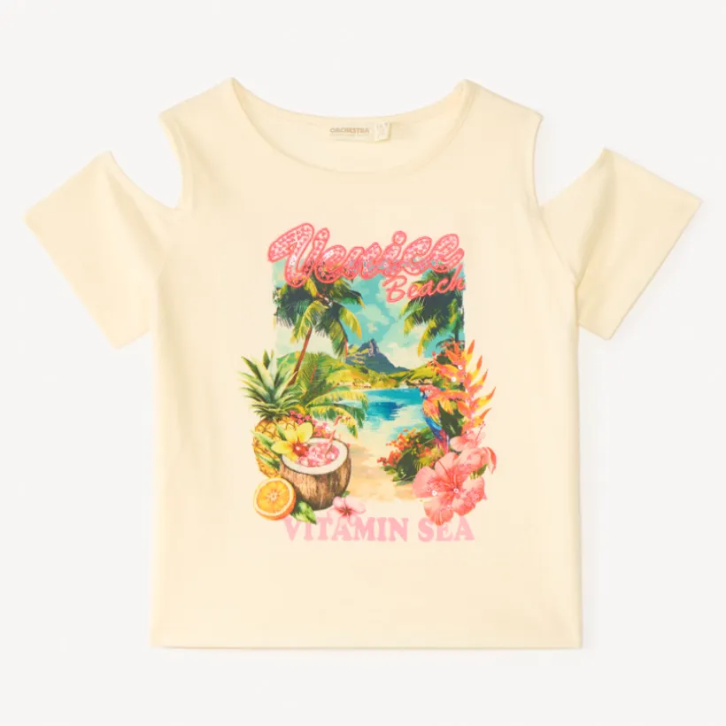 T-shirt met off-shoulder en print Venice Beach meisjes