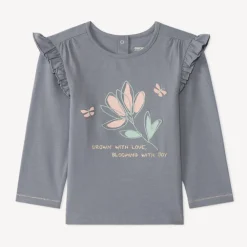 T-shirt voor baby's met lange mouwen, volantjes en bloemenprint