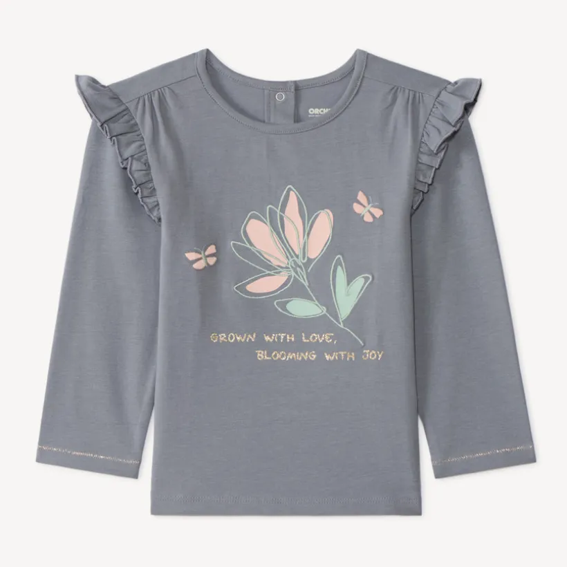 T-shirt voor baby's met lange mouwen, volantjes en bloemenprint