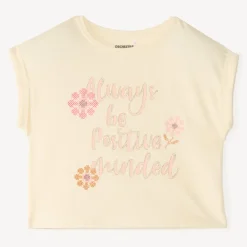 T-shirt voor meisje met korte mouwen, fantasiedruk en bloemenprint.