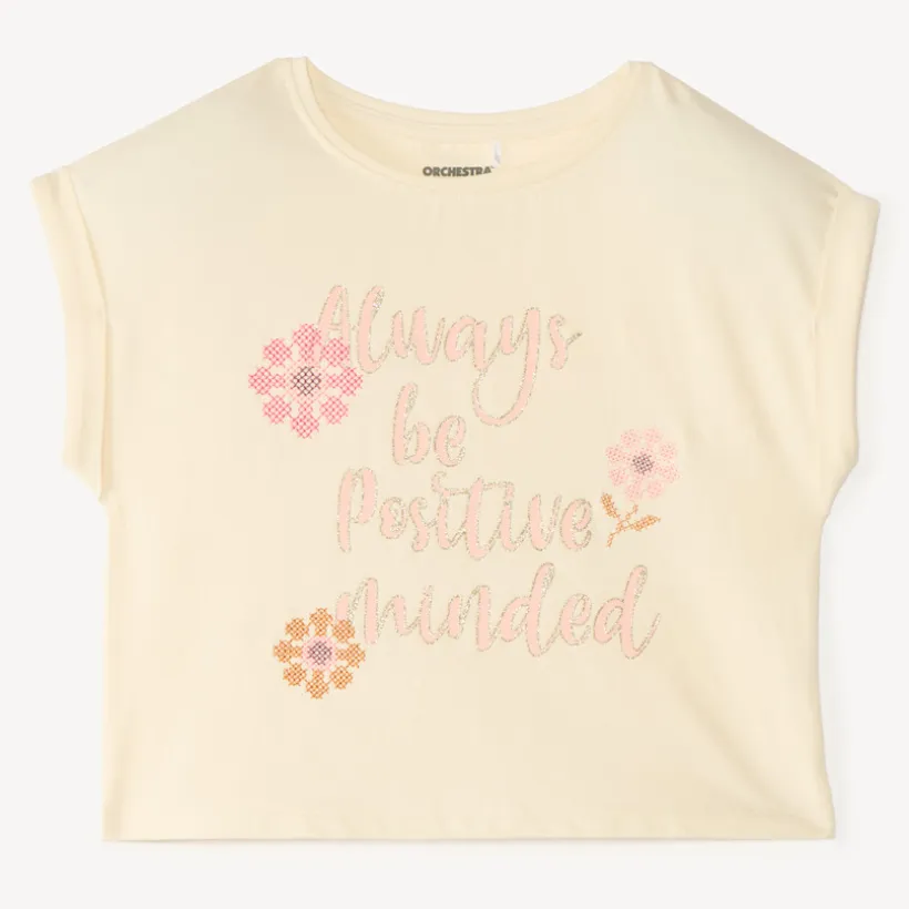 T-shirt voor meisje met korte mouwen, fantasiedruk en bloemenprint.