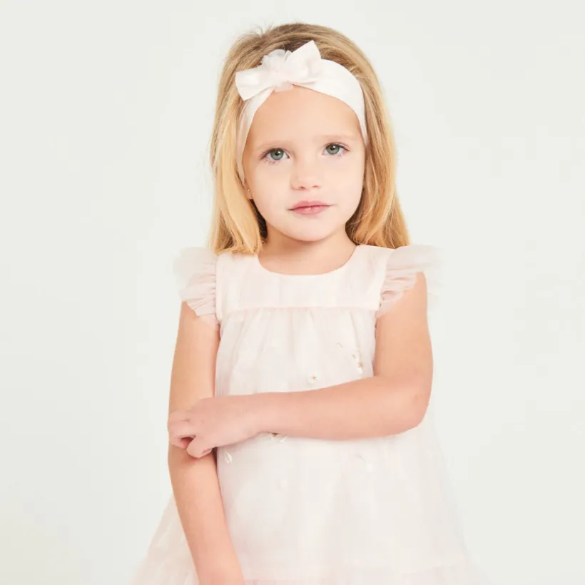 Tulle jurk met 3D bloemen + haarband met tule strik voor babymeisjes