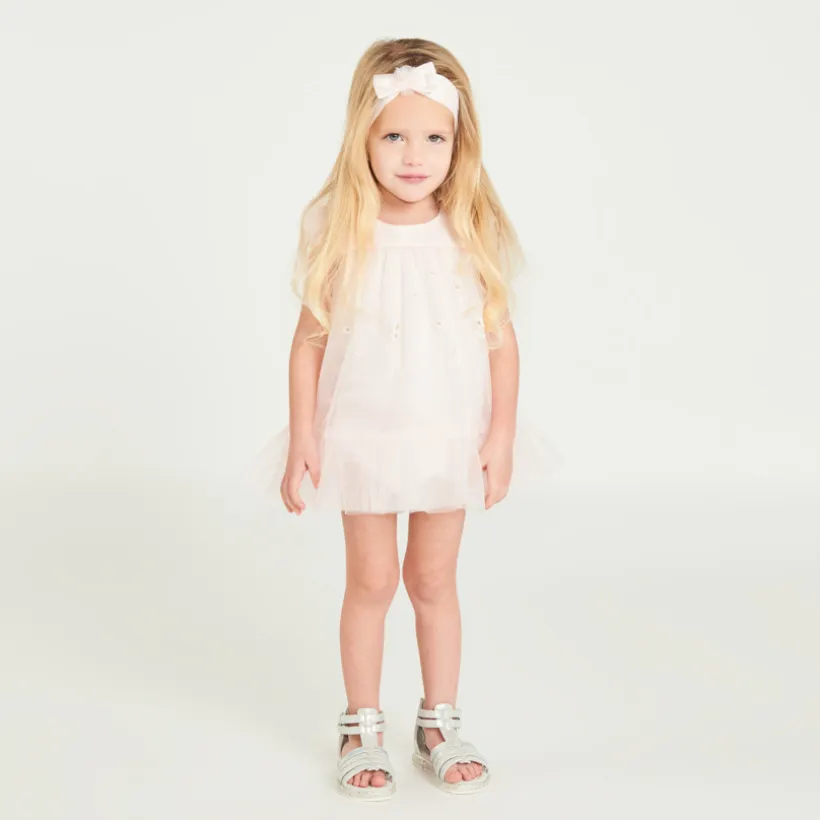 Tulle jurk met 3D bloemen + haarband met tule strik voor babymeisjes