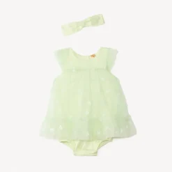 Tulle jurk met 3D bloemen + tule haarband met strik voor babymeisje