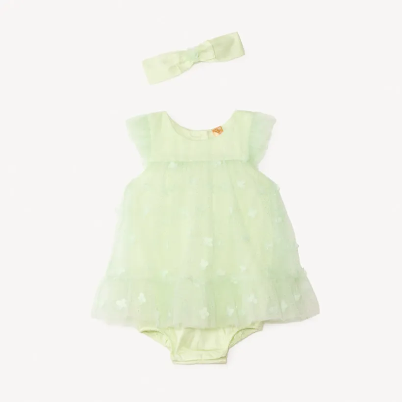 Tulle jurk met 3D bloemen + tule haarband met strik voor babymeisje