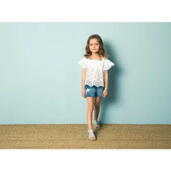 Tuniek in viscose voile met pofmouwen en Engels borduursel meisjes