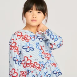 Tuniek met lange mouwen, blauw gestreept en bloemenprint meisjes