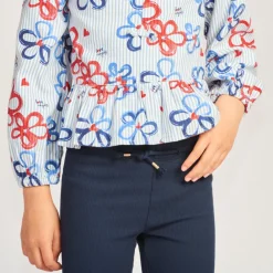 Tuniek met lange mouwen, blauw gestreept en bloemenprint meisjes